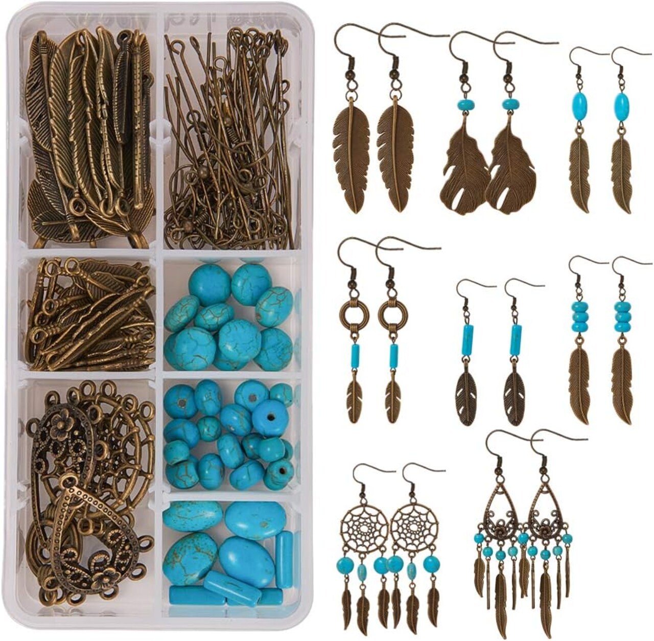 1 Box DIY 8 Pairs Bohemian Feather Dream Catcher Earring Making Kit Antique Bronze Feather Charm Connector, Turquoise Gemstone Beads, Earring Hooks Jewelry Supplies Beginners, Instruction